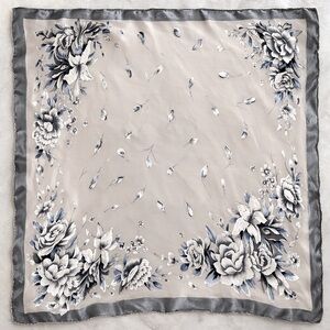 100% Silk Floral Square Scarf Beige Grey Roses Cottagecore Romantic
